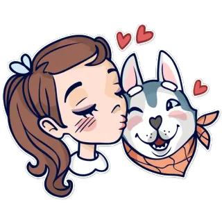 😚 dibujo animado, chica, perro, husky, amor, amistad, beso, corazones, cariño telegram sticker