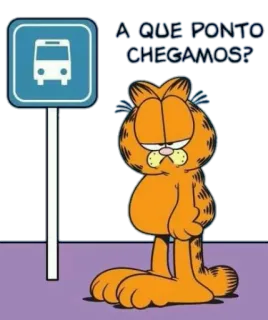 😒 Garfield A QUE PONTO CHEGAMOS? garfield, desenho animado, gato, ponto de ônibus, triste telegram sticker