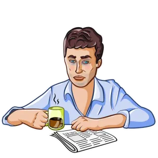 ☕️ ผู้ชาย, กาแฟ, หนังสือพิมพ์, เช้า, ง่วง, การ์ตูน whatsapp sticker