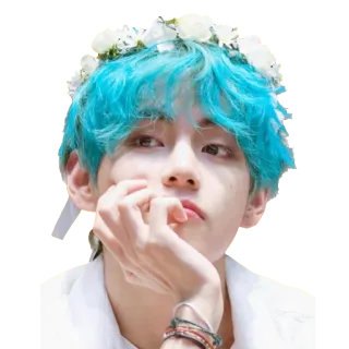 🤔 V K-Pop, V, BTS, Idol, Sänger, blaue Haare, Blumenkranz telegram sticker