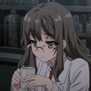 〰️ anime, girl, glasses, lab coat, woman, cute, coffee, scientific telegram sticker