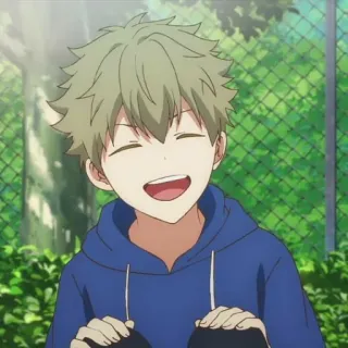 💫 anime, boy, smiling, hoodie, cartoon, green hair, happy telegram sticker