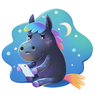 😟 лошадь, мультфильм, радуга, луна, грустный, ночь, единорог whatsapp sticker