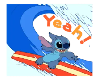 😁 Stitch Yeah! Стич, Лило и Стич, серфинг, волна, мультфильм, Дисней telegram sticker