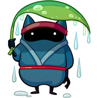 ☔️ animal, desenho animado, folha, chuva, fofo, azul, ilustração telegram sticker
