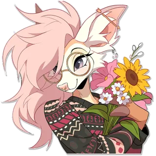 💐 fictional furry character furry, anthropomorphic, flower bouquet, glasses, sweater, cute, pink hair, digital art whatsapp sticker