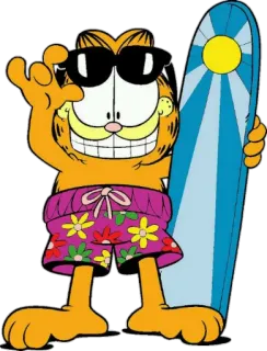 😎 Garfield Garfield, desenho animado, gato, óculos de sol, prancha de surf, praia, verão telegram sticker