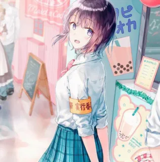 🙂 実行委員 สาวอนิเมะ, ชุดนักเรียน, ชานมไข่มุก, ข้อความภาษาญี่ปุ่น, น่ารัก, โรงเรียน telegram sticker