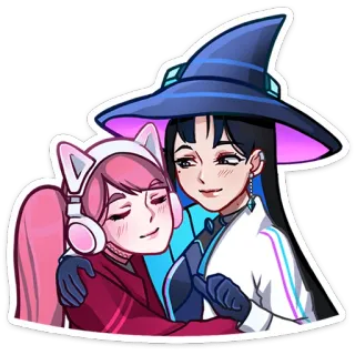 🧙 动漫, 卡通, 情侣, LGBT, 女巫, 粉色头发, 耳机, 拥抱 telegram sticker