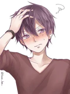 😊 Anime, Junge, lila Haare, verlegen, errötet telegram sticker