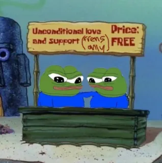 👬 Pepe the Frog Unconditional love and support (frens only) Price: FREE pepe żaba, mem, przyjaźń, miłość, wsparcie, bezwarunkowa, darmowe telegram sticker