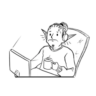 😖 Эльф, Геймер, Компьютер, Уставший, Потный, Кофе, Наушники whatsapp sticker