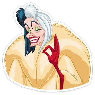 👌 Cruella de Vil 101 Dalmatians Cruella de Vil, 101 dálmatas, Disney, villano, moda, abrigo de piel, dibujos animados whatsapp sticker