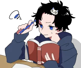 🤓 Anime, Chico, Estudiando, Libro, Bolígrafo, Pensando whatsapp sticker