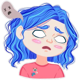 😵 hoạt hình, cô gái, buồn, ma, nhãn dán, tóc xanh, minh họa, kiệt sức telegram sticker