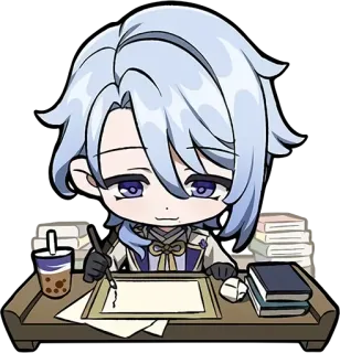 🤔 Ayato Genshin Impact อนิเมะ, จิบิ, น่ารัก, ภาพวาด, โต๊ะ, หนังสือ, โบบา telegram sticker
