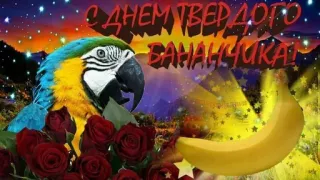 🍌 С ДНЕМ ТВЕРДОГО БАНАНЧИКА! parrot, banana, roses, greeting, congratulations telegram sticker