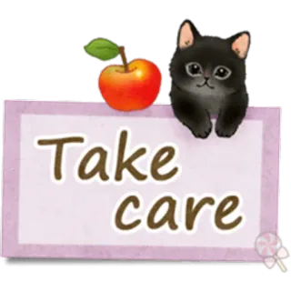 🐱 Take care gato, manzana, cuídate, saludo, lindo, animal, animal doméstico, dibujo animado whatsapp sticker