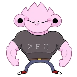 💪 >E[] cartoon, character, pink, muscular, funny telegram sticker