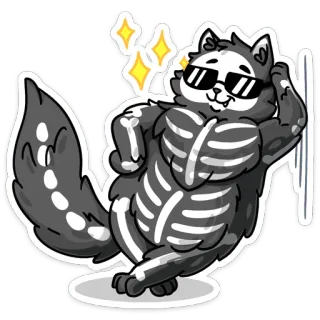 😎 gato, esqueleto, gafas de sol, dibujos animados, animal, brillos, humor whatsapp sticker