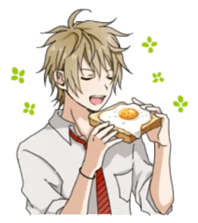😌 Anime, Bánh mì nướng, Trứng, Đồ ăn, Bữa sáng, Hoạt hình, Con trai telegram sticker