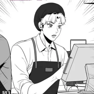🥸 アニメ, 漫画, レジ係, びっくり, 白黒 telegram sticker