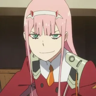 🍤 Zero Two Darling in the Franxx 动漫, Zero Two, Darling in the Franxx, 角色, 粉色头发, 坏笑 telegram sticker