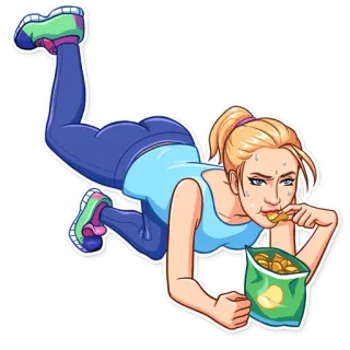 😤 femme, exercice, chips, collation, fitness, manger, dessin animé telegram sticker