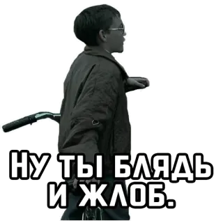 😝 НУ-ТЫ БЛЯДЬ И ЖЛОБ russian, insult, boy, bicycle, retro telegram sticker