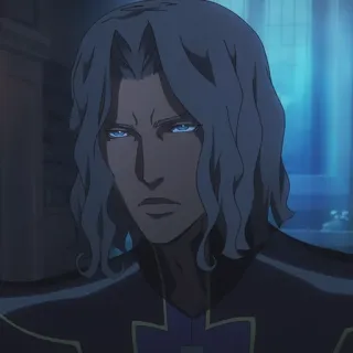 ⚰️ Alucard Castlevania Аниме, Вампир, длинные волосы, голубые глаза, серьезный telegram sticker