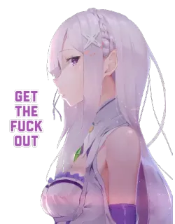 😒 Emilia Re:Zero GET THE FUCK OUT anime, angry, get out, purple, girl whatsapp sticker