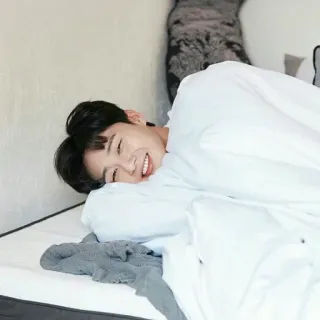 😄 pria, tempat tidur, senyum, dalam ruangan, orang, potret telegram sticker