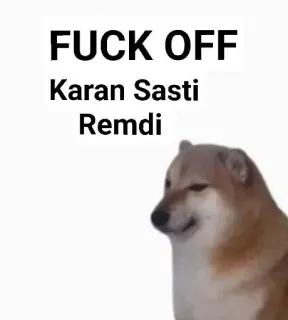 😁 FUCK OFF
Karan Sasti
Remdi doge, meme, insulto, gracioso, ofensivo, perro telegram sticker