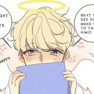 ✨ IGHT
TE
HAPPY
NEXT TO
SEE HI
MAKE S
TO THAN
HIM!!! ángel, lindo, anime, manga, kawaii, personaje, amarillo, halo whatsapp sticker