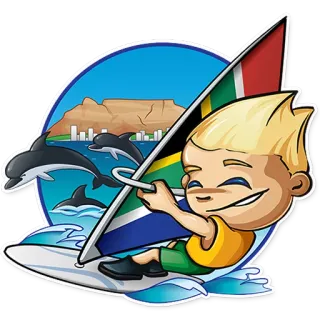 🇿🇦 windsurfing, South Africa, ocean, beach, dolphins, Table Mountain, cartoon telegram sticker
