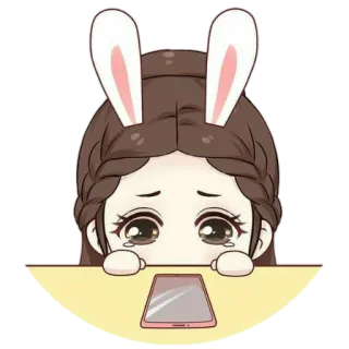 🍄 conejo, triste, chica, llorando, teléfono, dibujo animado whatsapp sticker