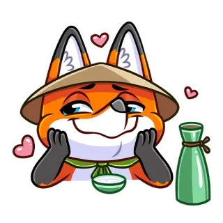 😍 zorro, lindo, anime, kawaii, sombrero, corazones, bebiendo, sake, japonés, feliz whatsapp sticker