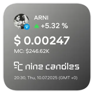 📊 ARNI
+5.32 %
$ 0.00247
MC: $246.62K
nine candles
20:30, Thu, 10.07.2025 (GMT +0) currency, financial, stock market, investment, crypto, finance telegram sticker