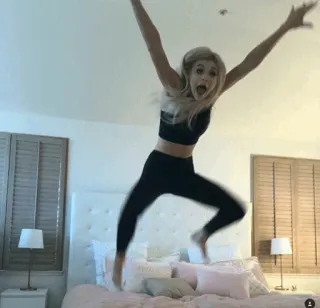 🌝 woman, jumping, bed, indoors, celebration, happiness telegram sticker
