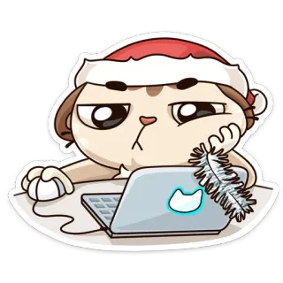 😟 gato, natal, gorro de papai noel, computador, entediado, desenho animado telegram sticker