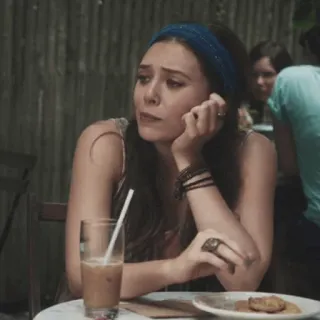 ◾️ woman, iced coffee, outdoor cafe, headband, daytime, table telegram sticker