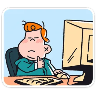 👍 komputer, berpikir, kartun, kantor, meja, karakter telegram sticker