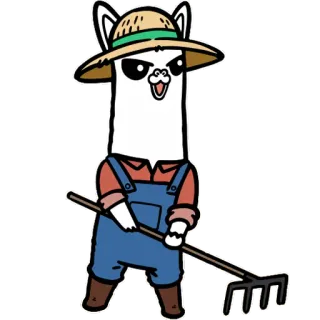 ⛏ альпака, фермер, шляпа, комбинезон, грабли, животное, мультфильм whatsapp sticker