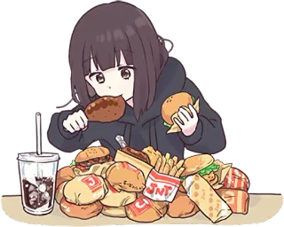 🍔 Anime, Eten, Meisje, Burger, Friet, Drankje whatsapp sticker