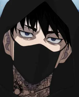 🖤 толстовка, татуировки, маска, стиль аниме, мужчина, персонаж, серьезный telegram sticker