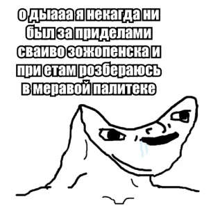 🕊 Одыааая некагда ни
был за приделами
сваиво зожопенска и
при етам розбераюсь
в меравой палитеке meme, funny, text, humor, expression telegram sticker