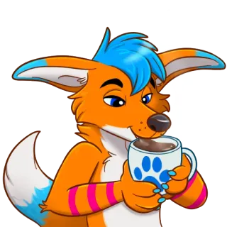 ☕️ Furry, Anthropomorphe, Animal, Orange, Bleu, Boisson, Tasse, Café, Empreinte de patte whatsapp sticker