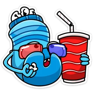 🍿 стикер, мультфильм, персонаж, содовая, попкорн, 3D очки whatsapp sticker
