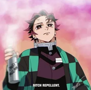 ❇️ Tanjiro Kamado Demon Slayer BITCH REPELLENT. anime, demon slayer, tanjiro, insult, spray telegram sticker