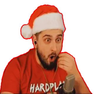 😳 HARDPLAY person, santa hat, christmas, microphone, red shirt, surprised, hardplay telegram sticker